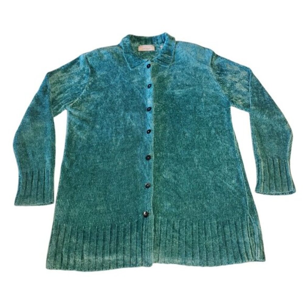 Vintage Lord & Taylor Cardigan Sweater‎ Womens M Ribbed Knit Marled Teal Green